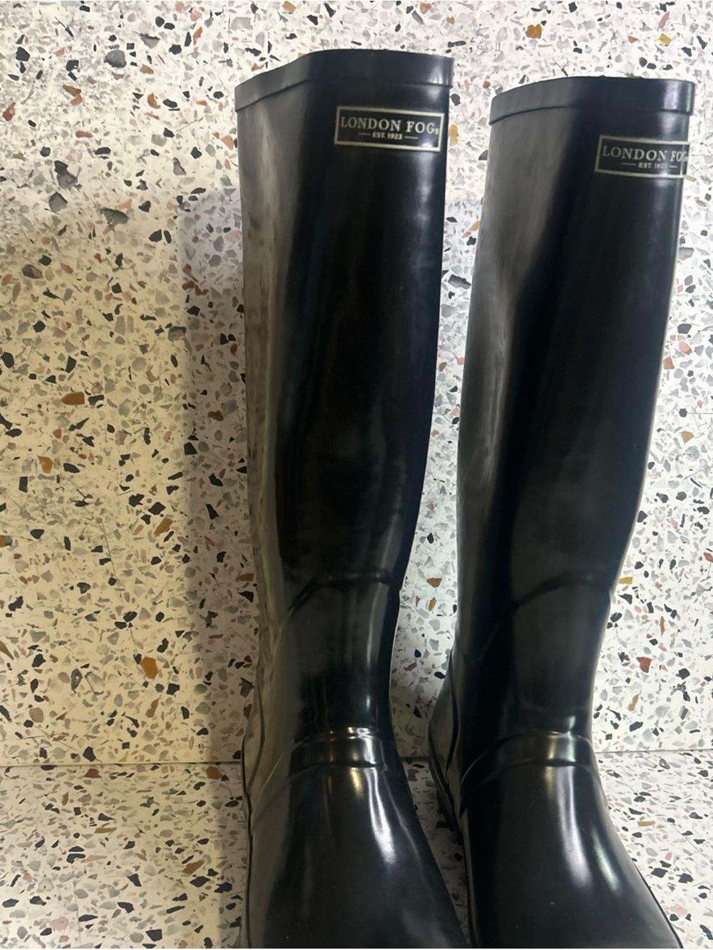 New London Fog Thames Boots Tall Waterproof Shiny Black Sz 9 Rain - Picture 2 of 5